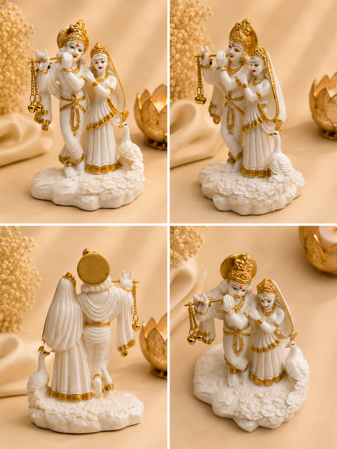 Premium White & Gold Radha Krishna Idol with Peacock