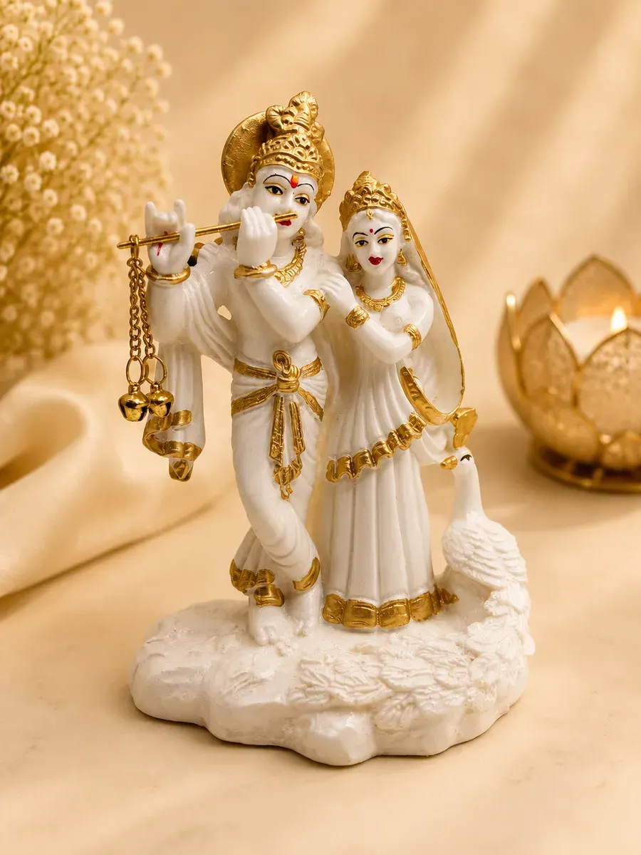 Premium White & Gold Radha Krishna Idol with Peacock