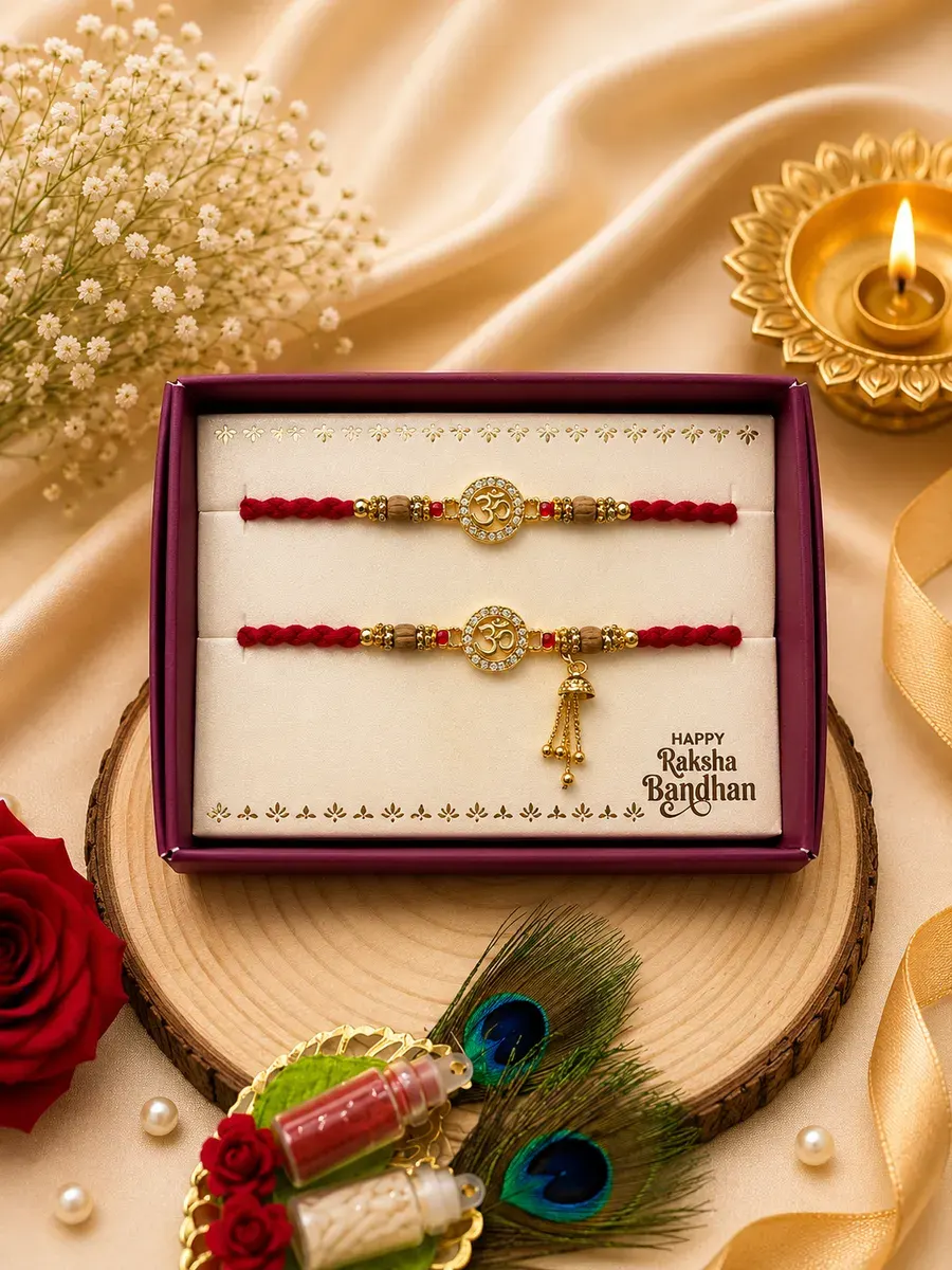Om Designer Couple Rakhi Set